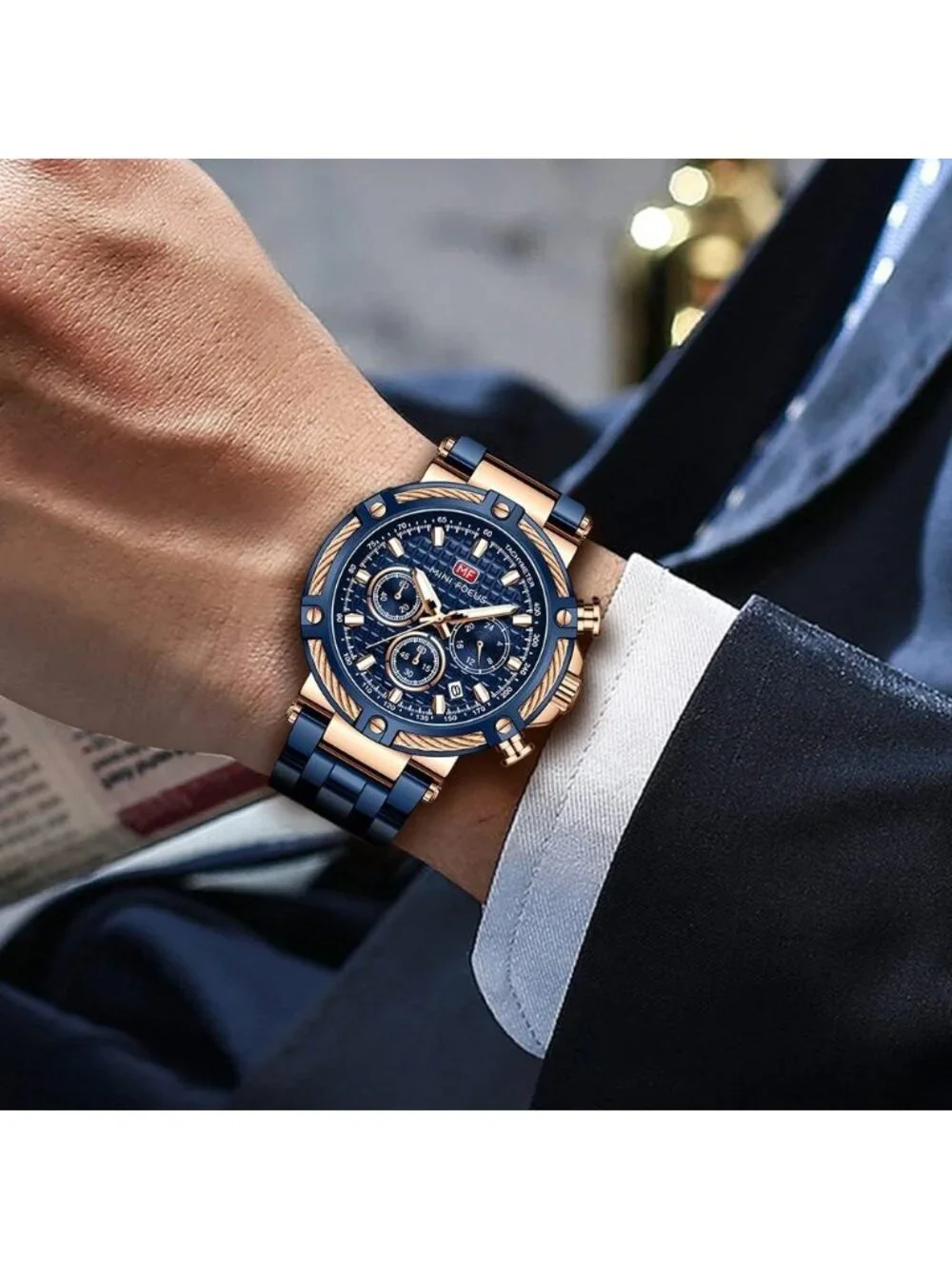 Men's Blue Golden Chronograph Big Face Stainless Steel Band Luminous Watch